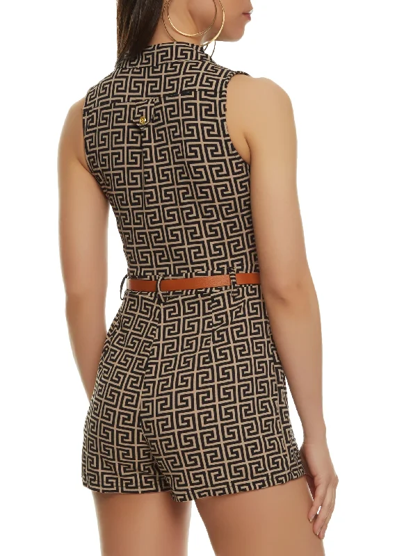 Geo Print Button Front Belted Romper