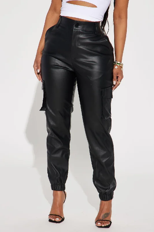 Let's Talk Faux Leather Cargo Jogger - Black