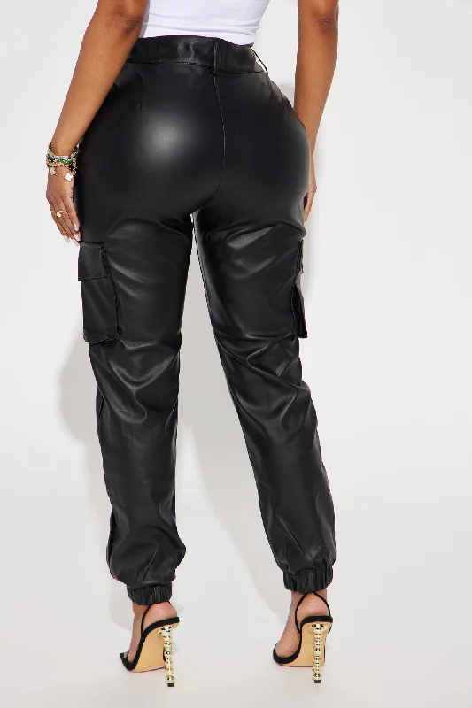 Let's Talk Faux Leather Cargo Jogger - Black