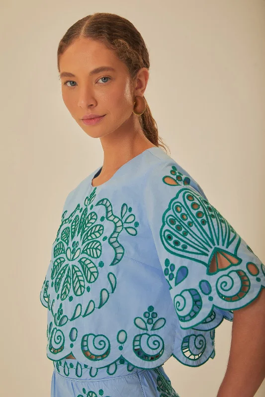 Light Blue And Green Graphic Richelieu Crop Top