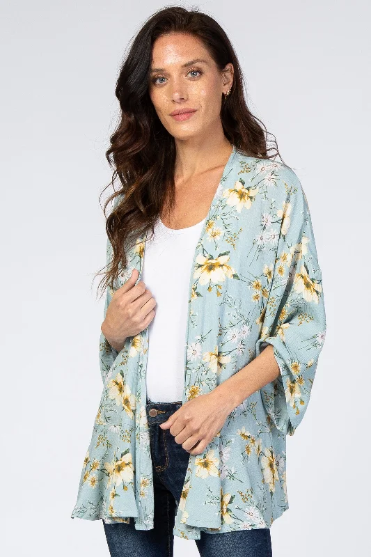 Light Blue Floral Ruffle Hem Cover Up