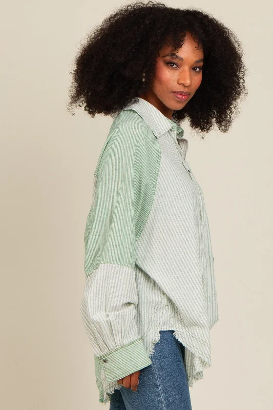 Light Olive Striped Button Down Oversized Long Sleeve Top