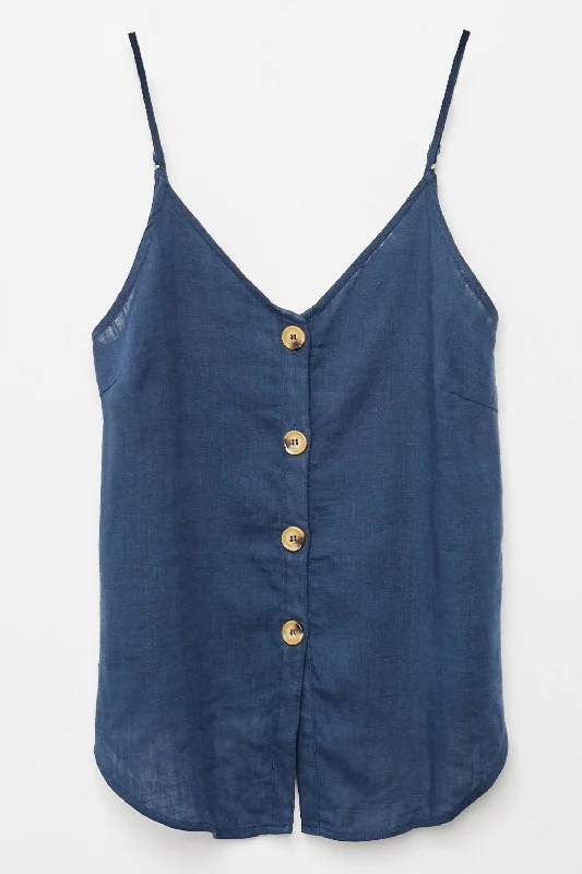 Linen Sleeveless Button-Down Tank In Navy