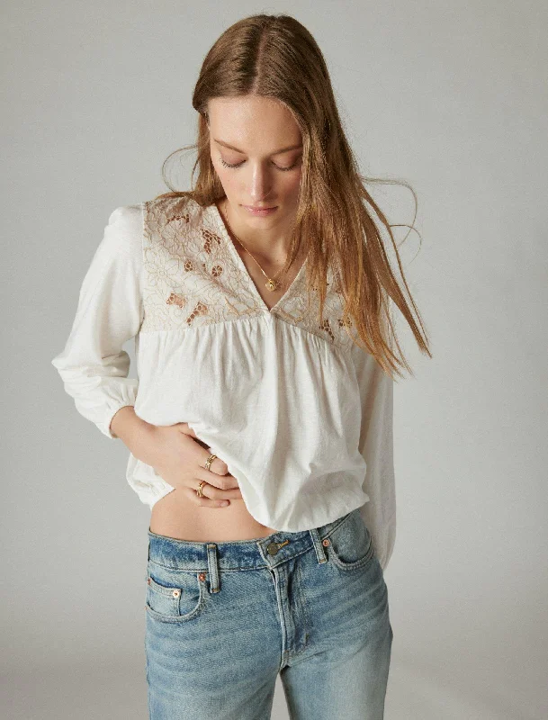 Lucky Brand Women's Floral Cutwork Knit Top