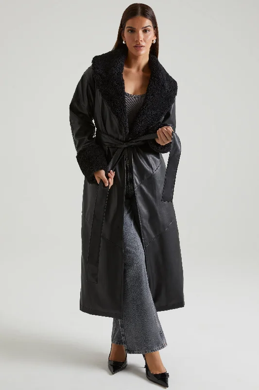 Tie Up Coat with Shearling Collar and Cuffs in Black