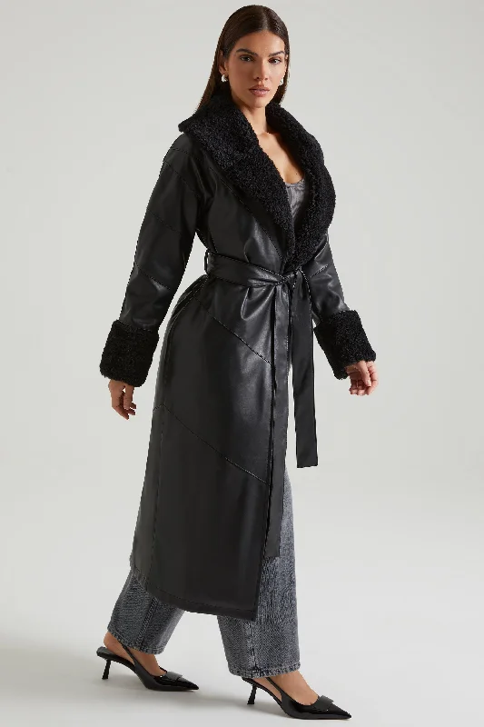 Tie Up Coat with Shearling Collar and Cuffs in Black