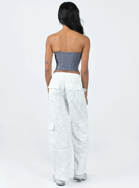 Luna Mid Rise Cargo Pants White Pinstripe