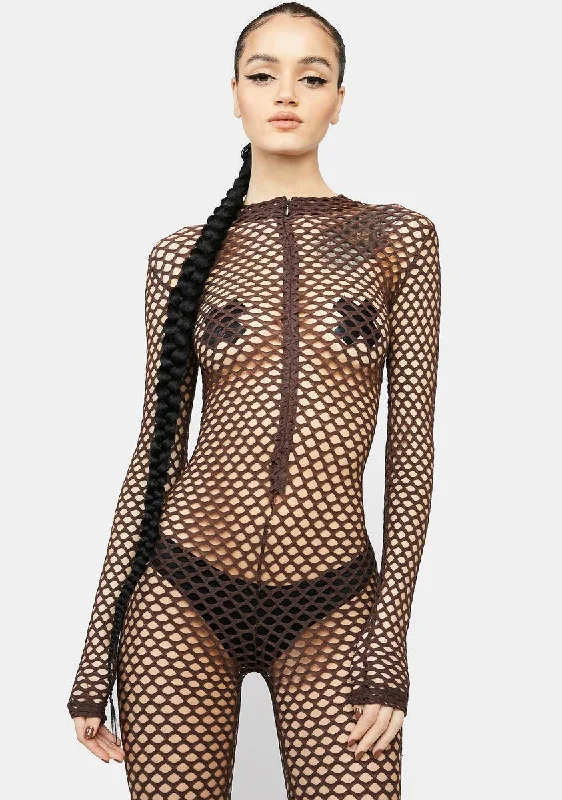 Mocha Call Me Bad Fishnet Catsuit