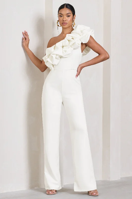 Monica | White Asymmetric Ruffled Wide-Leg Jumpsuit