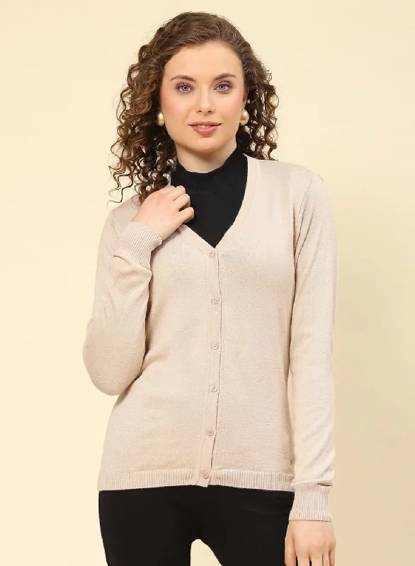 Women Beige Solid Modal Nylone Cardigan