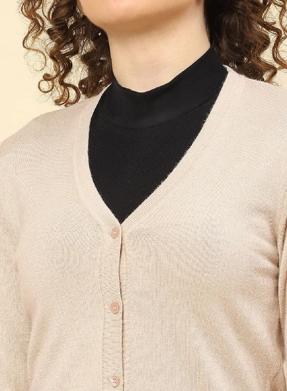 Women Beige Solid Modal Nylone Cardigan