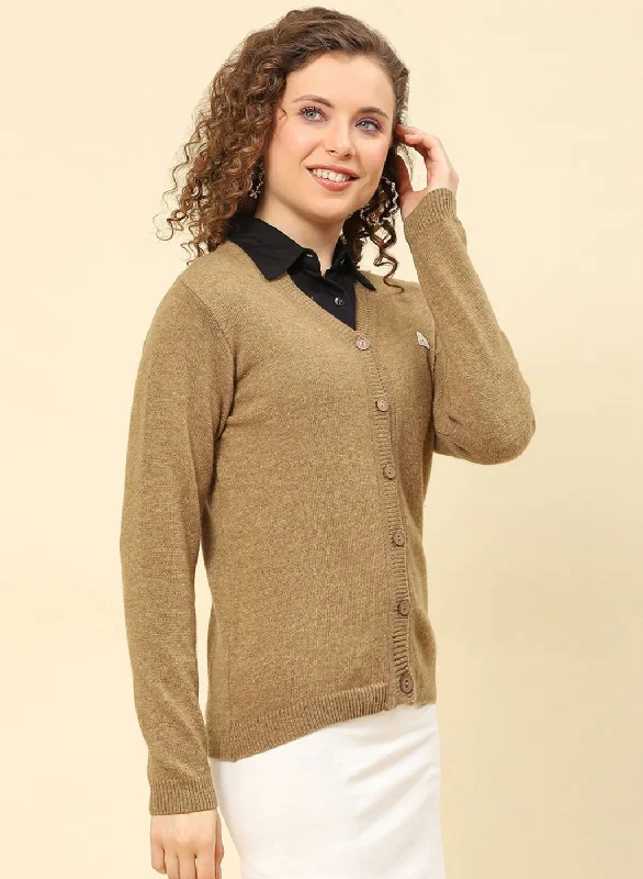 Women Brown Solid Lamb wool Cardigan