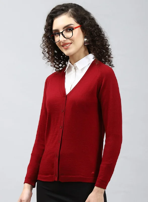 Women Maroon Solid Pure wool Cardigan