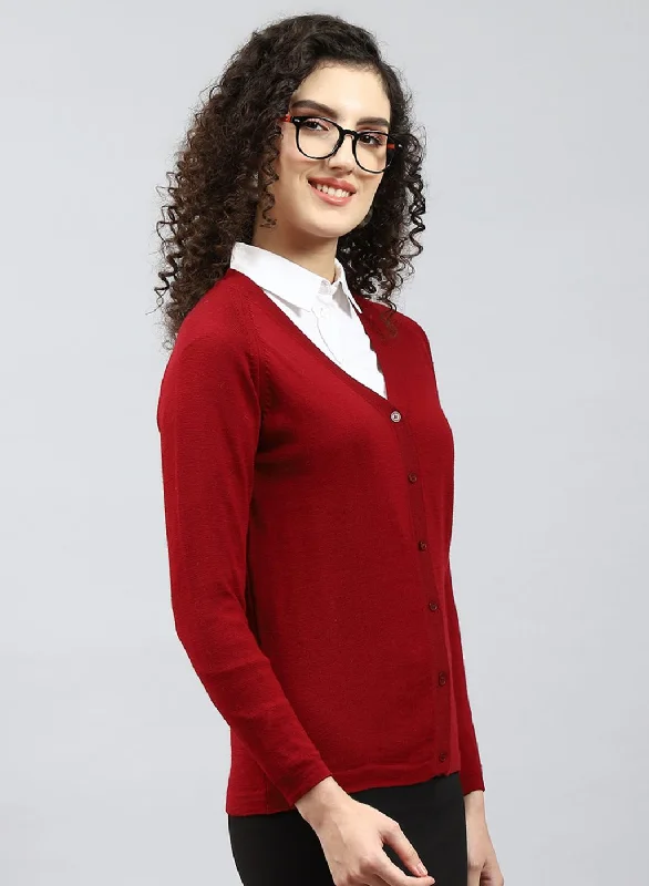 Women Maroon Solid Pure wool Cardigan