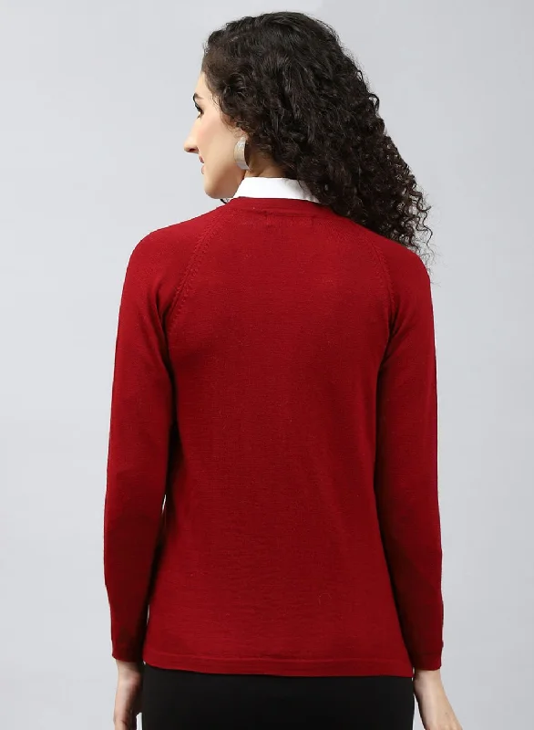 Women Maroon Solid Pure wool Cardigan