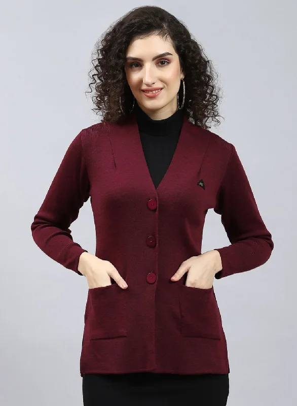 Women Maroon Solid Pure wool Cardigan