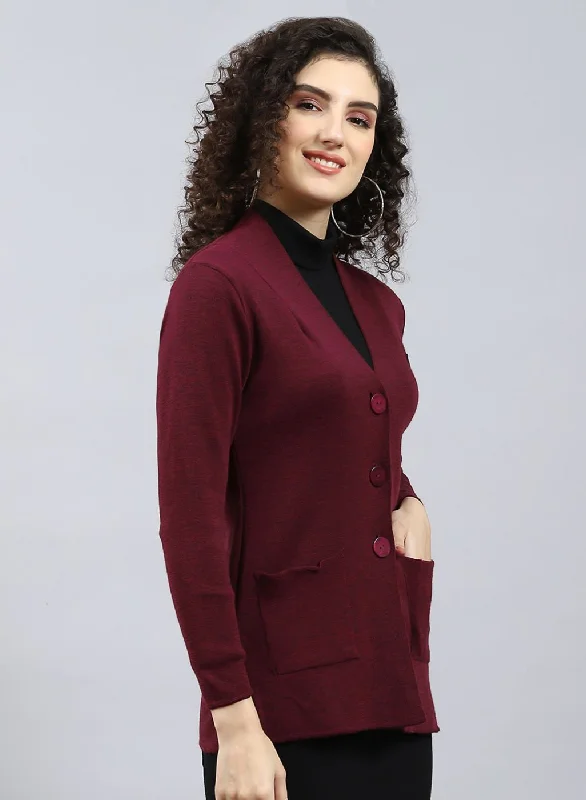 Women Maroon Solid Pure wool Cardigan