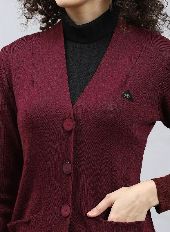 Women Maroon Solid Pure wool Cardigan