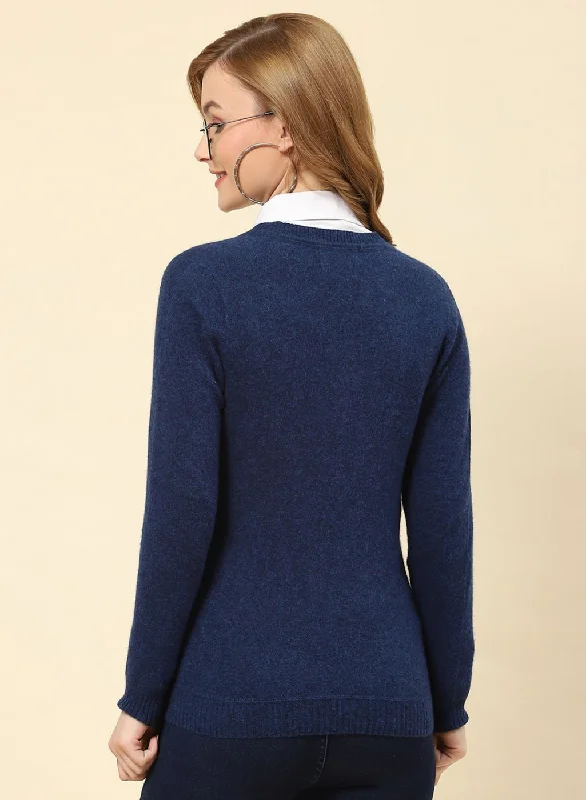 Women NAvy Blue Solid Lamb wool Cardigan