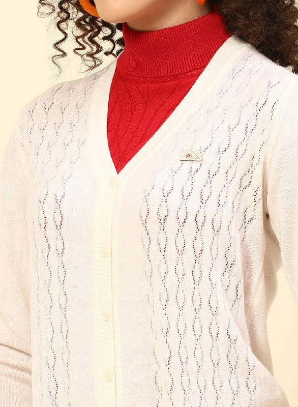 Women Off White Self Design Wool blend Cardigan