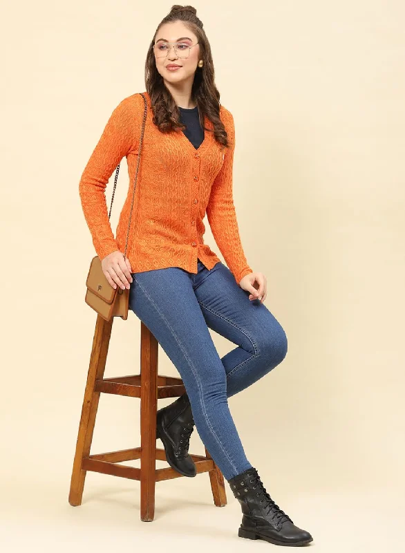 Women Orange Self Design Blend wool Cardigan