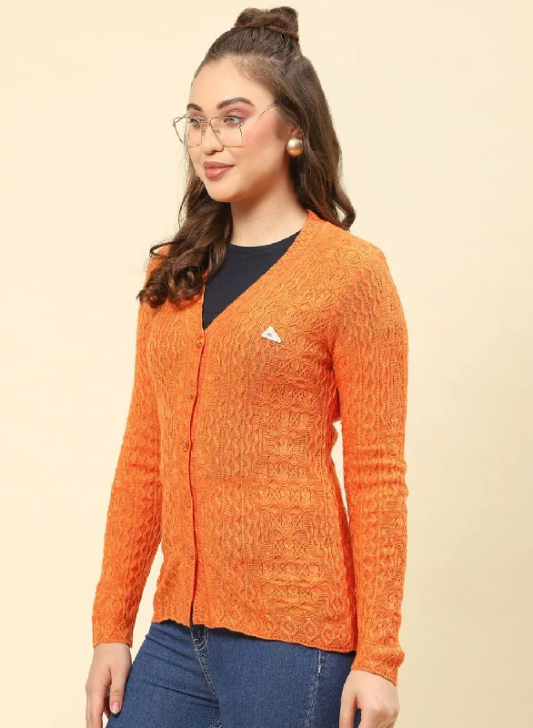 Women Orange Self Design Blend wool Cardigan