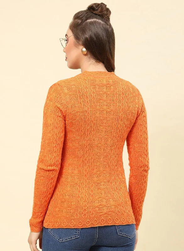 Women Orange Self Design Blend wool Cardigan