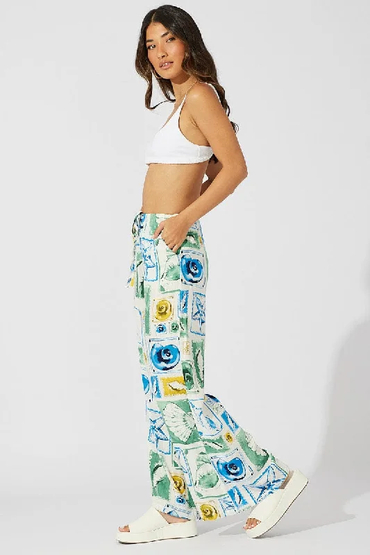 Multi Abstract Wide Leg Pants High Rise