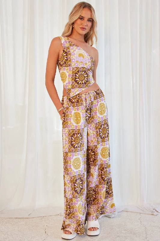 Multi Abstract Wide Leg Pants High Rise