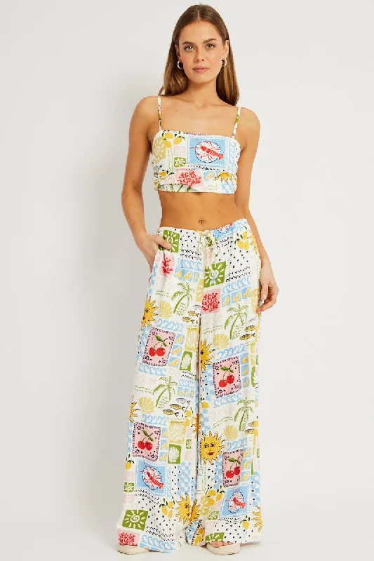 Multi Abstract Wide Leg Pants High Rise