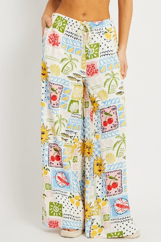 Multi Abstract Wide Leg Pants High Rise