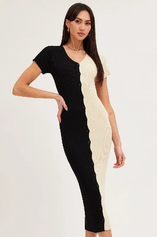 Multi Colorblock Button Front Knit Dress