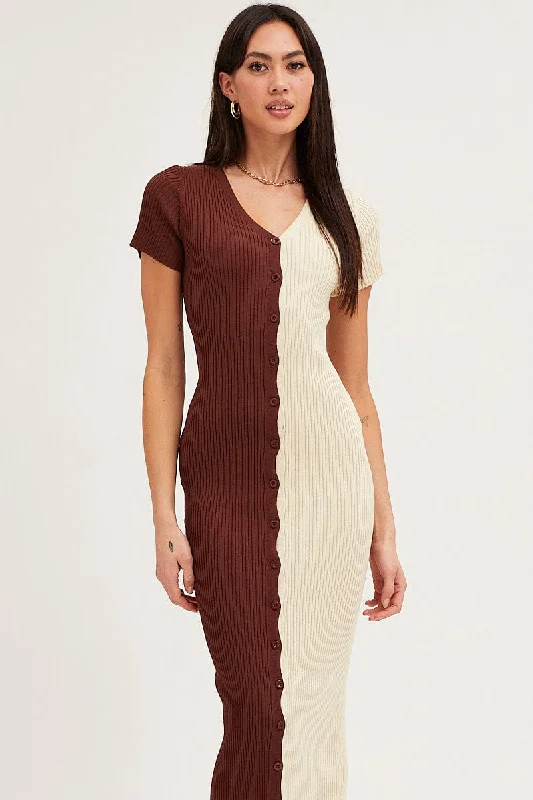 Multi Colorblock Button Front Knit Dress