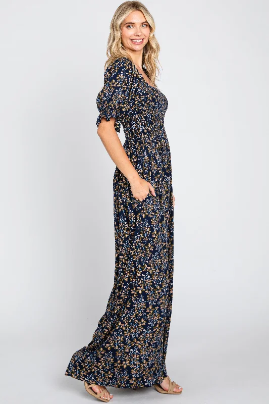 Navy Floral Smocked Jumpsuit