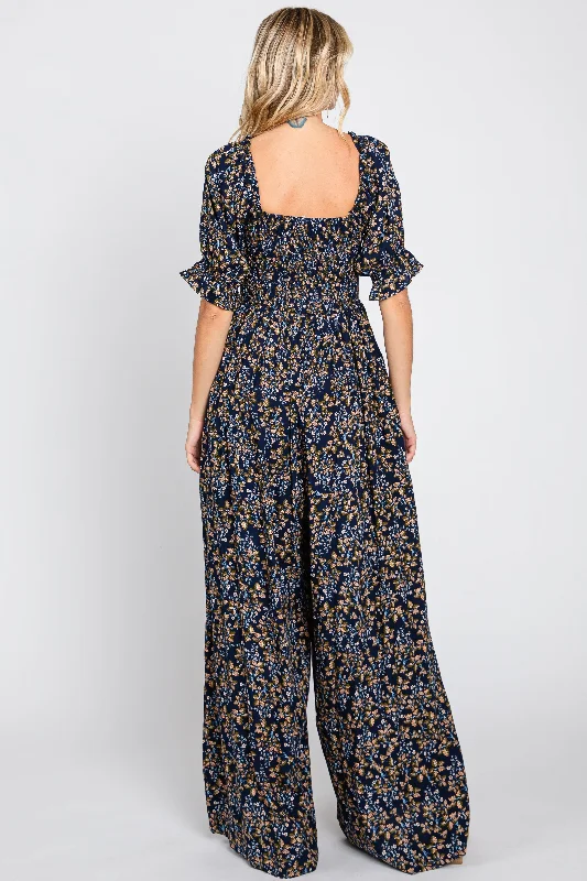 Navy Floral Smocked Jumpsuit