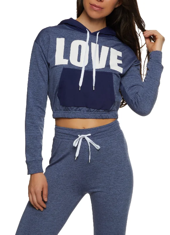 Love Color Blocked Kangaroo Pocket Cropped Hoodie