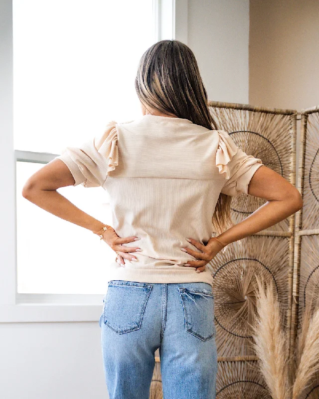 NEW! Alexandria Ribbed Ruffle Puff Sleeve Top - Light Taupe