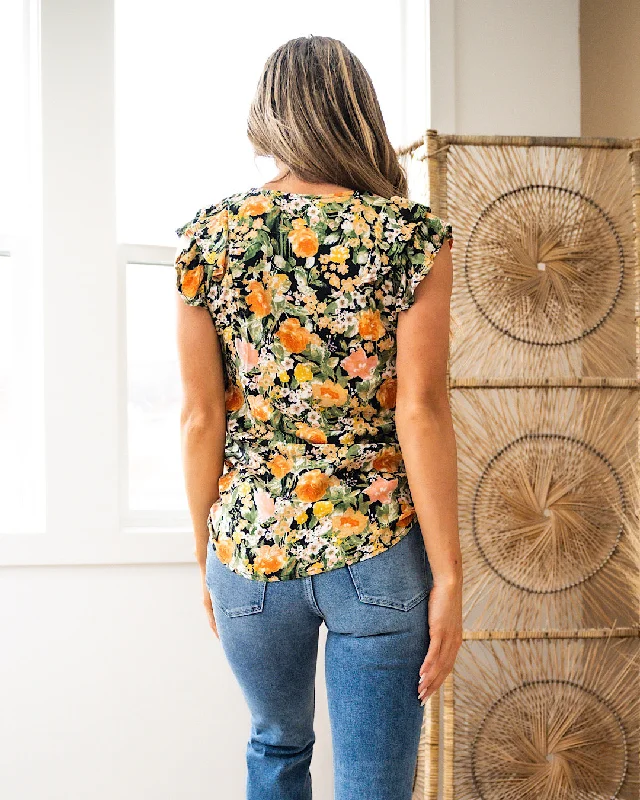 NEW! Keep You Floral V Neck Flutter Sleeve Top - Black & Orange FINAL SALE