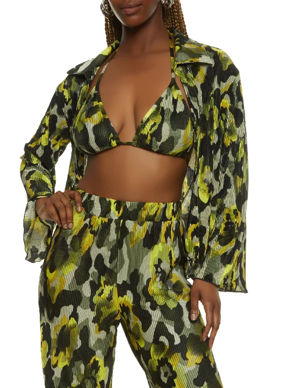 Patterned Plisse Open Front Shirt with Halter Top