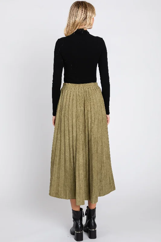 Olive Suede Pleated Midi Skirt