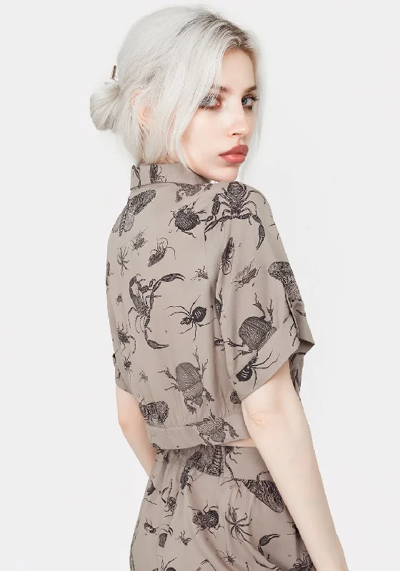 Parasite Bugs Print Crop Short Sleeve Shirt - Taupe