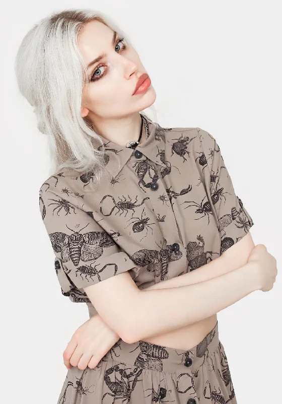 Parasite Bugs Print Crop Short Sleeve Shirt - Taupe