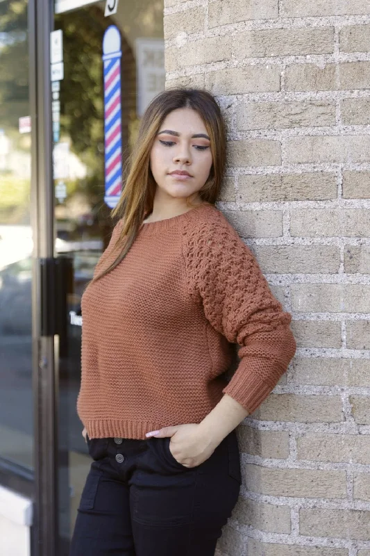 Petite knit sweater with contrast raglan crochet sleeves