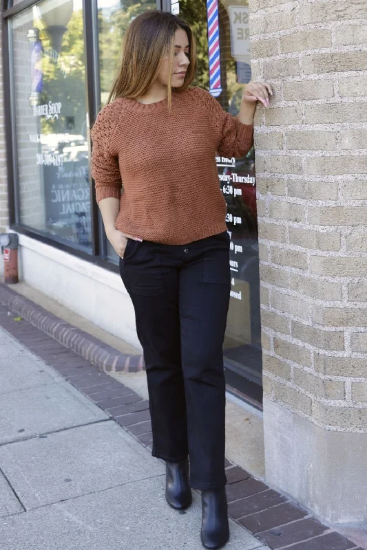 Petite knit sweater with contrast raglan crochet sleeves