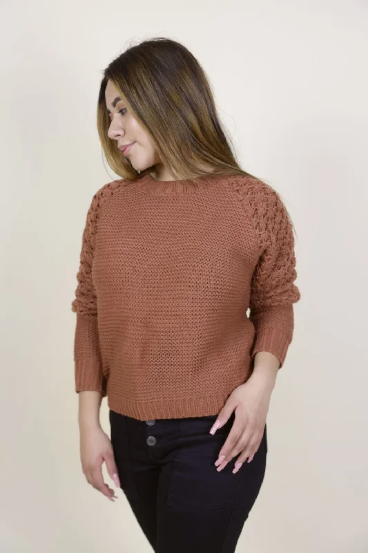 Petite knit sweater with contrast raglan crochet sleeves