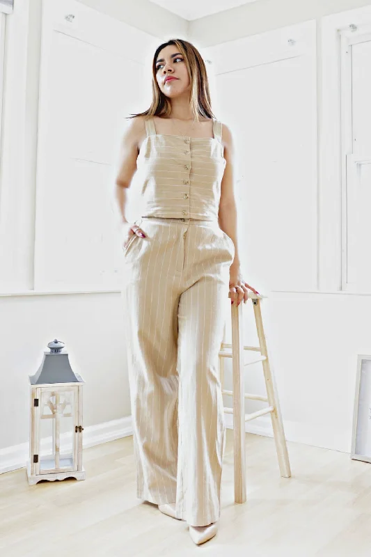 Petite Linen Pin Stripe Wide Leg Pants (Latte)