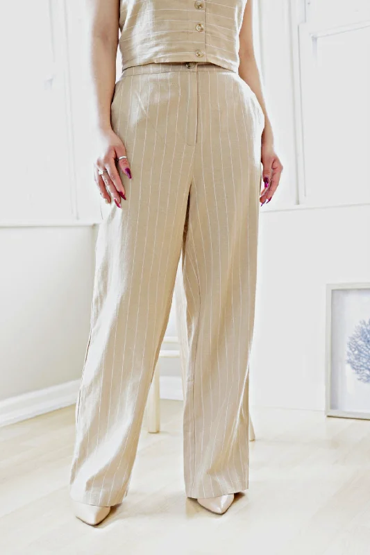 Petite Linen Pin Stripe Wide Leg Pants (Latte)