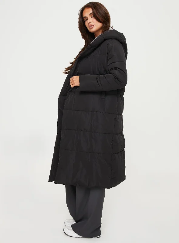 Philo Longline Hooded Puffer Jacket Black