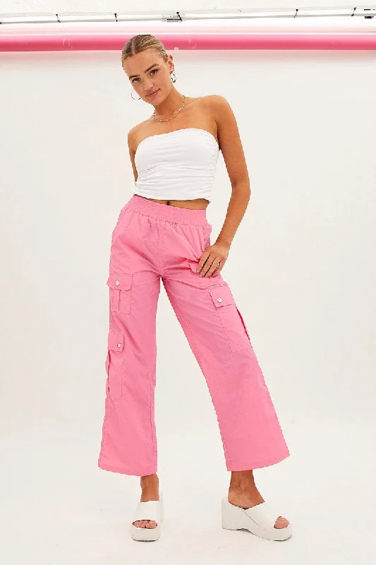 Pink Elastic Waist High Rise Wide Leg Cargo Pants