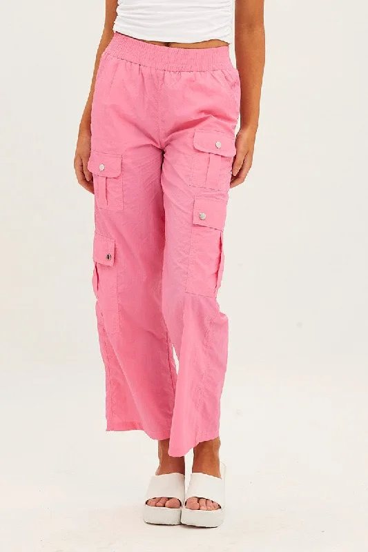 Pink Elastic Waist High Rise Wide Leg Cargo Pants